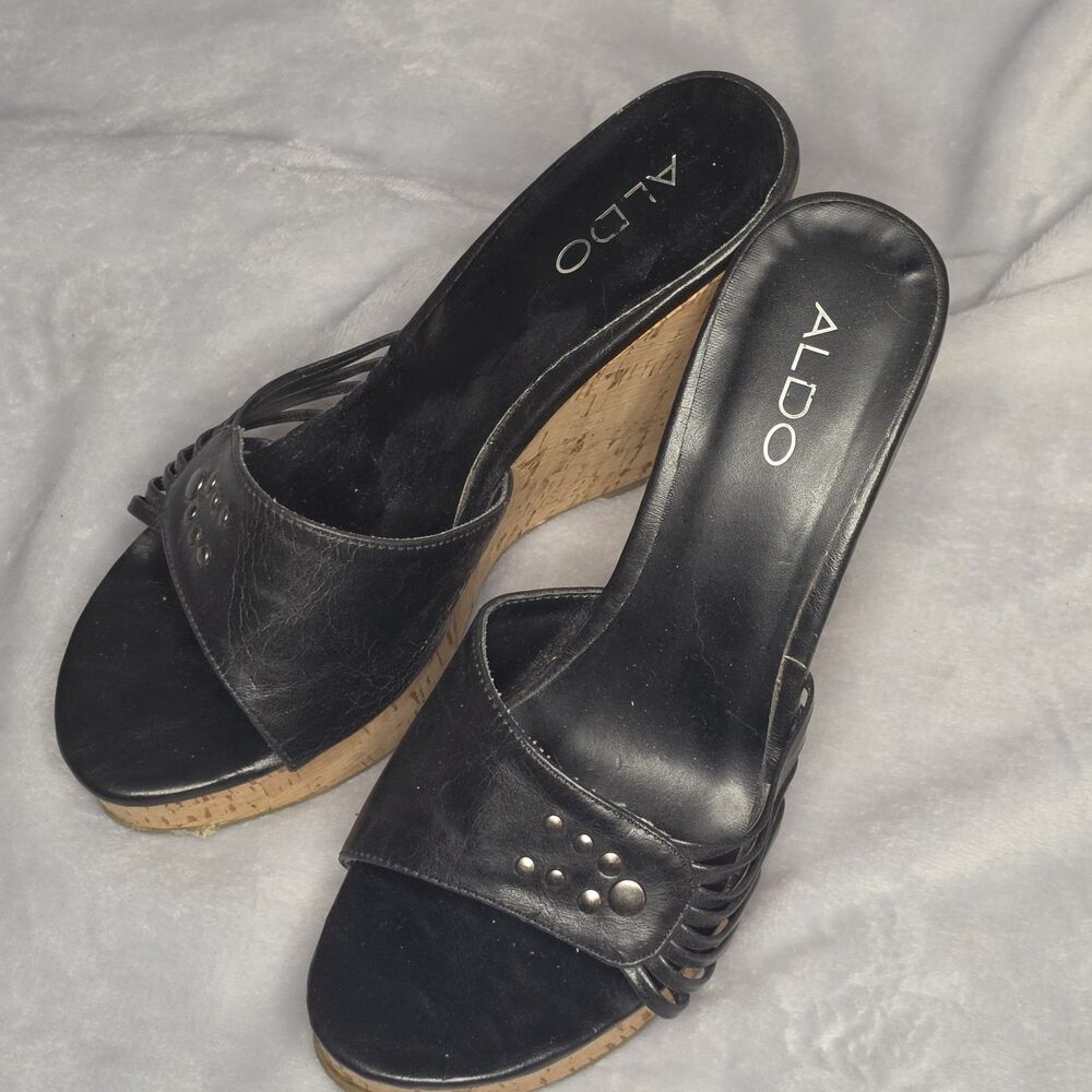 Aldo Black Leather Cork Wedge Sandals Studded Strappy Slide Women's Size 39 (US